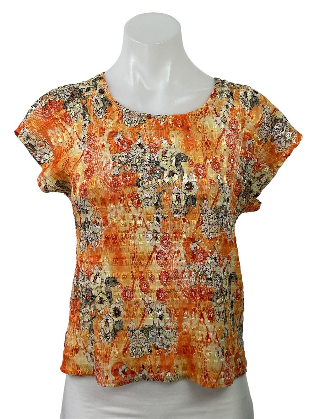 Belissimo Women's Coral Floral Short Sleeve Smocked Stretch Blouse Top Size LP
